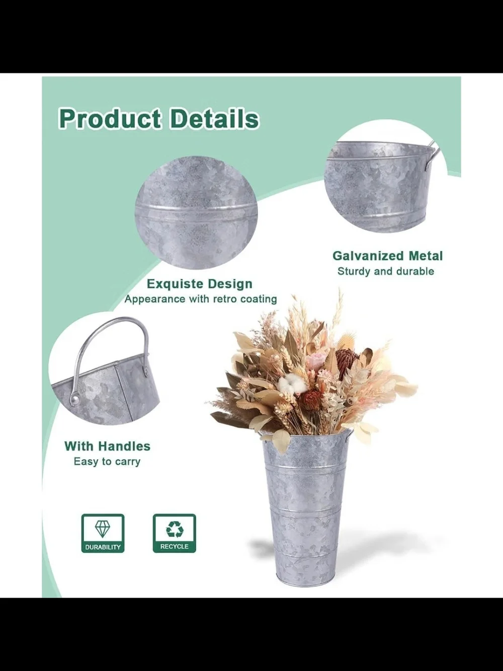 SiX (6) Galvanized Metal Flower Buckets - Silver Decorative Vases